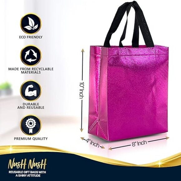 Hot Pink Gift Bags Medium Size – Set of 12 Shiny Fuchsia Pink Reusable Gift Bags - Picture 4 of 4